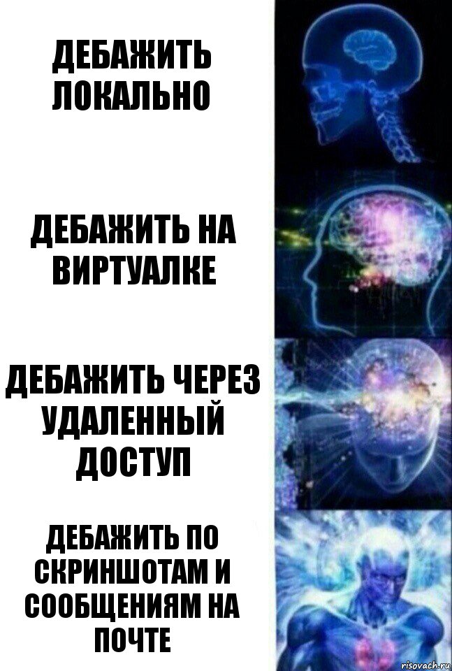 дебажить локально дебажить на виртуалке дебажить через удаленный доступ дебажить по скриншотам и сообщениям на почте, Комикс  Сверхразум