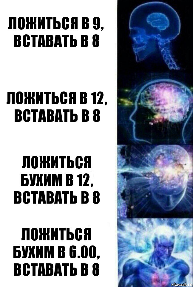 ложиться в 9, вставать в 8 ложиться в 12, вставать в 8 ложиться бухим в 12, вставать в 8 ложиться бухим в 6.00, вставать в 8