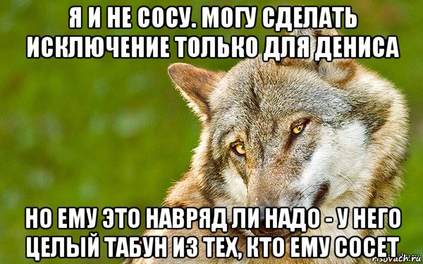 я и не сосу. могу сделать исключение только для дениса но ему это навряд ли надо - у него целый табун из тех, кто ему сосет, Мем   Volf