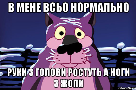 в мене всьо нормально руки з голови ростуть а ноги з жопи, Мем Волк