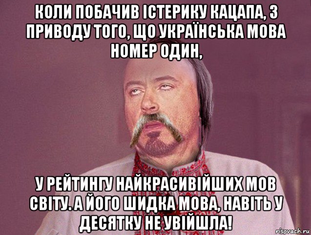 коли побачив істерику кацапа, з приводу того, що українська мова номер один, у рейтингу найкрасивійших мов світу. а його шидка мова, навіть у десятку не увійшла!