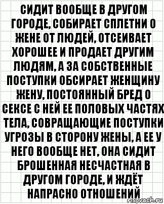 Сидит вообще в другом городе, собирает сплетни о жене от людей, отсеивает хорошее и продает другим людям, а за собственные поступки обсирает женщину жену, постоянный бред о сексе с ней ее половых частях тела, совращающие поступки угрозы в сторону жены, а ее у него вообще нет, она сидит брошенная несчастная в другом городе, и ждёт напрасно отношений