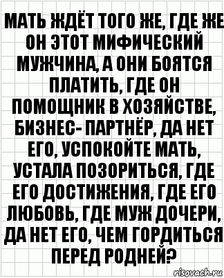 Мать ждёт того же, где же он этот мифический мужчина, а они боятся платить, где он помощник в хозяйстве, бизнес- партнёр, да нет его, успокойте мать, устала позориться, где его достижения, где его любовь, где муж дочери, да нет его, чем гордиться перед родней?