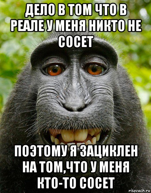 дело в том что в реале у меня никто не сосет поэтому я зациклен на том,что у меня кто-то сосет, Мем  Довольная обезьяна