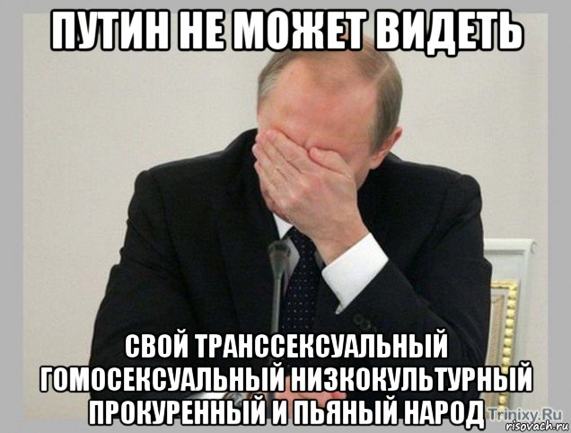 путин не может видеть свой транссексуальный гомосексуальный низкокультурный прокуренный и пьяный народ, Мем  Фейспалм Путин