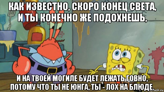 как известно, скоро конец света, и ты конечно же подохнешь, и на твоей могиле будет лежать говно, потому что ты не юнга, ты - лох на блюде.