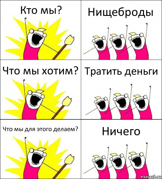 Кто мы? Нищеброды Что мы хотим? Тратить деньги Что мы для этого делаем? Ничего