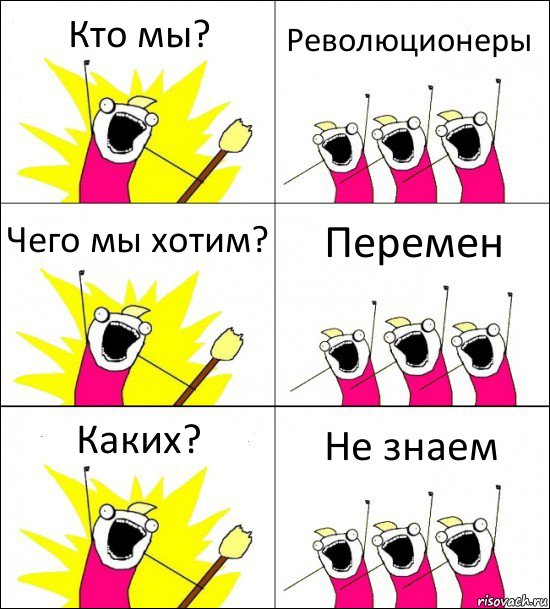 Кто мы? Революционеры Чего мы хотим? Перемен Каких? Не знаем