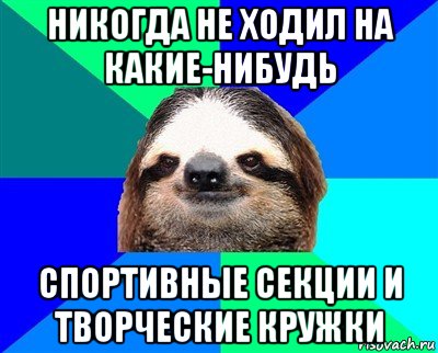 никогда не ходил на какие-нибудь спортивные секции и творческие кружки, Мем Ленивец