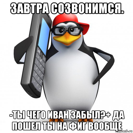 завтра созвонимся. -ты чего иван забыл?+ да пошел ты на фиг вообще, Мем   Пингвин звонит