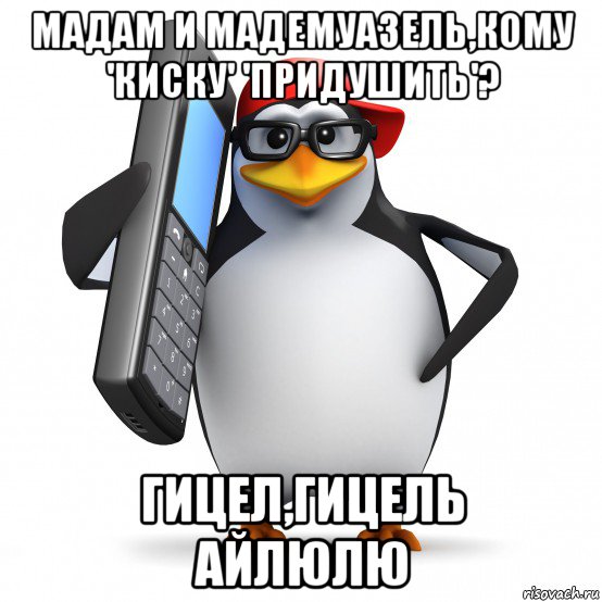 мадам и мадемуазель,кому 'киску' 'придушить'? гицел,гицель айлюлю, Мем   Пингвин звонит