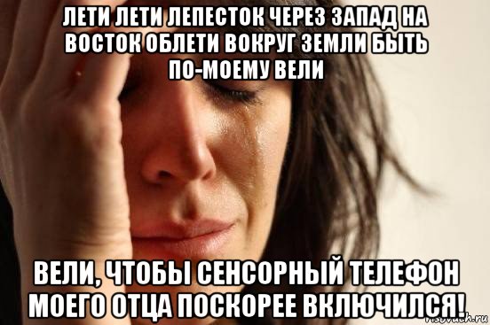 лети лети лепесток через запад на восток облети вокруг земли быть по-моему вели вели, чтобы сенсорный телефон моего отца поскорее включился!, Мем Девушка плачет