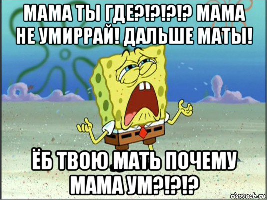 мама ты где?!?!?!? мама не умиррай! дальше маты! ёб твою мать почему мама ум?!?!?, Мем Спанч Боб плачет