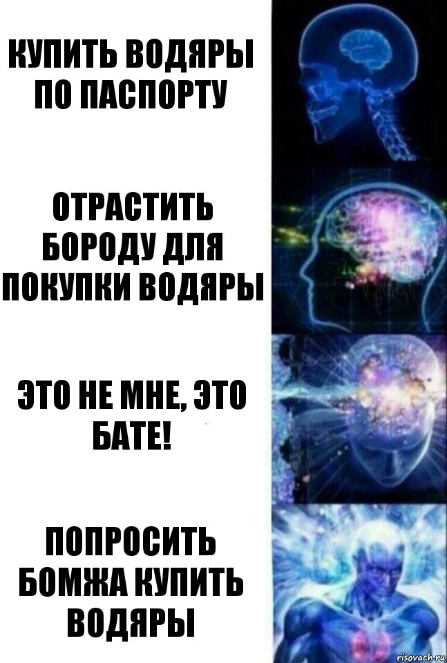 КУПИТЬ ВОДЯРЫ ПО ПАСПОРТУ ОТРАСТИТЬ БОРОДУ ДЛЯ ПОКУПКИ ВОДЯРЫ ЭТО НЕ МНЕ, ЭТО БАТЕ! ПОПРОСИТЬ БОМЖА КУПИТЬ ВОДЯРЫ, Комикс  Сверхразум