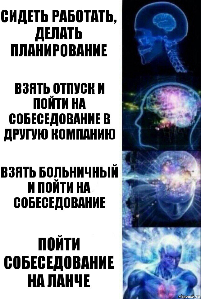 Сидеть работать, делать планирование Взять отпуск и пойти на собеседование в другую компанию Взять больничный и пойти на собеседование Пойти собеседование на ланче, Комикс  Сверхразум