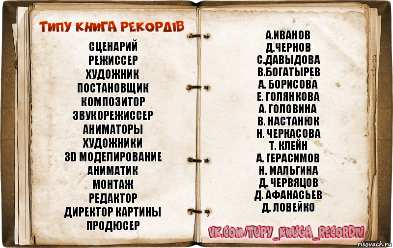 Сценарий
Режиссер
Художник
Постановщик
Композитор
Звукорежиссер
Аниматоры
Художники
3D Моделирование
Аниматик
Монтаж
Редактор
Директор Картины
Продюсер А.Иванов
Д.Чернов
С.Давыдова
В.Богатырев
А. Борисова
Е. Голянкова
А. Головина
В. Настанюк
Н. Черкасова
Т. Клейн
А. Герасимов
Н. Мальгина
Д. Червяцов
Д. Афанасьев
Д. Ловейко, Комикс  Типу книга рекордв