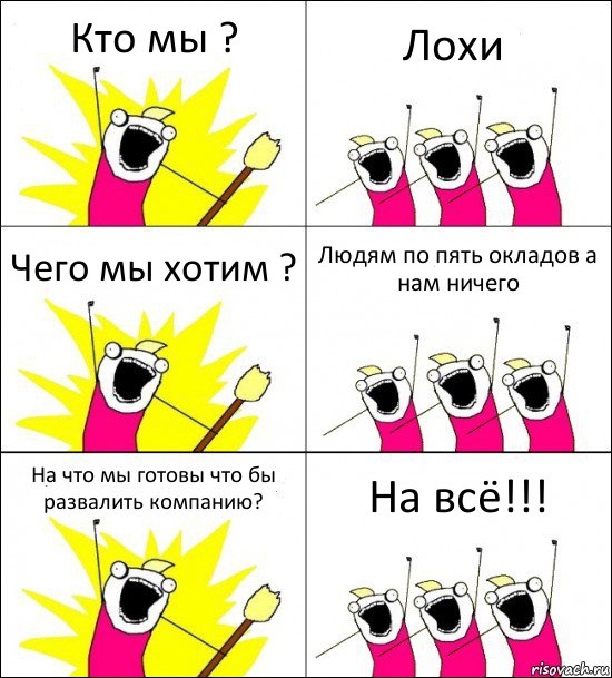 Кто мы ? Лохи Чего мы хотим ? Людям по пять окладов а нам ничего На что мы готовы что бы развалить компанию? На всё!!!, Комикс кто мы