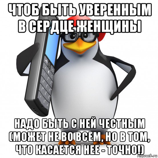 чтоб быть уверенным в сердце женщины надо быть с ней честным (может не во всем, но в том, что касается нее - точно!), Мем   Пингвин звонит