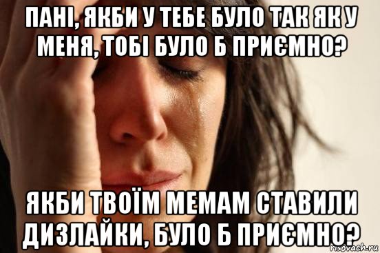 пані, якби у тебе було так як у меня, тобі було б приємно? якби твоїм мемам ставили дизлайки, було б приємно?, Мем Девушка плачет