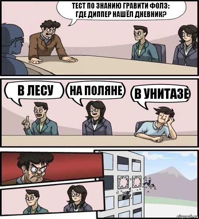 Тест по знанию Гравити Фолз:
Где Диппер нашёл дневник? В лесу На поляне В унитазе