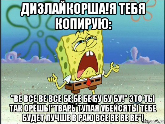 дизлайкорша!я тебя копирую: "ве все ве все бе бе бе бу бу бу!" это ты так орёшь!"тварь тупая убейсяты тебе будет лучше в раю все ве ве ве"!