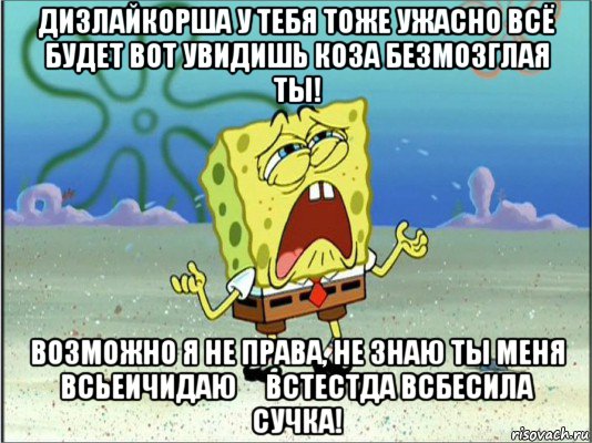 дизлайкорша у тебя тоже ужасно всё будет вот увидишь коза безмозглая ты! возможно я не права, не знаю ты меня всьеичидаю́ встестда всбесила сучка!, Мем Спанч Боб плачет