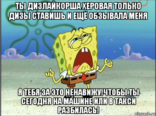 ты дизлайкорша херовая только дизы ставишь и ещё обзывала меня я тебя за это ненавижу!чтобы ты сегодня на машине или в такси разбилась!