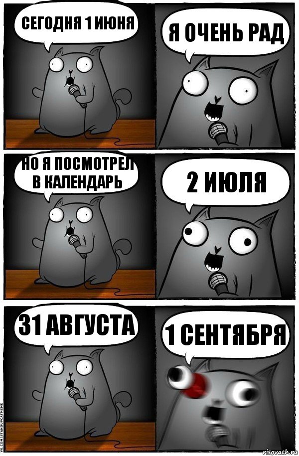 Сегодня 1 июня Я очень рад Но я посмотрел в календарь 2 июля 31 августа 1 сентября, Комикс  Стендап-кот