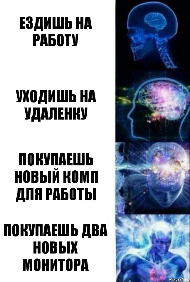 Ездишь на работу Уходишь на удаленку Покупаешь новый комп для работы Покупаешь два новых монитора