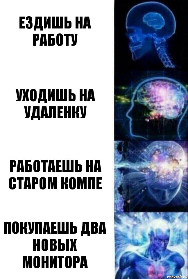 Ездишь на работу Уходишь на удаленку Работаешь на старом компе Покупаешь два новых монитора, Комикс  Сверхразум