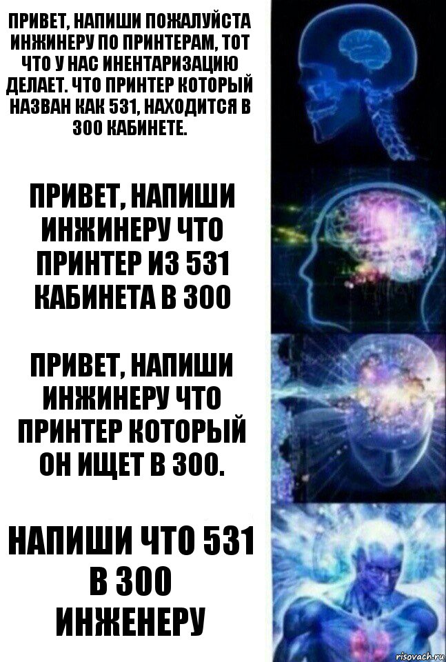 Привет, напиши пожалуйста инжинеру по принтерам, тот что у нас инентаризацию делает. Что принтер который назван как 531, находится в 300 кабинете. Привет, напиши инжинеру что принтер из 531 кабинета в 300 Привет, напиши инжинеру что принтер который он ищет в 300. Напиши что 531 в 300
Инженеру, Комикс  Сверхразум