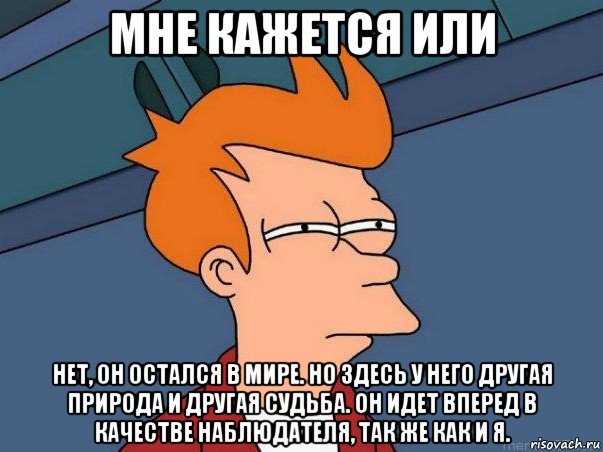 мне кажется или нет, он остался в мире. но здесь у него другая природа и другая судьба. он идет вперед в качестве наблюдателя, так же как и я., Мем  Фрай (мне кажется или)