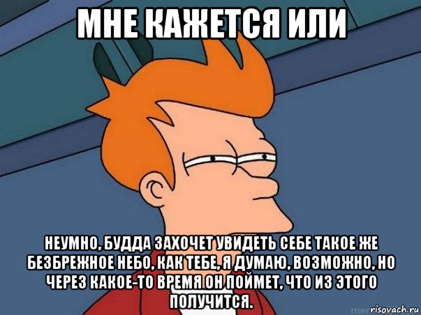 мне кажется или неумно, будда захочет увидеть себе такое же безбрежное небо, как тебе, я думаю, возможно, но через какое-то время он поймет, что из этого получится., Мем  Фрай (мне кажется или)