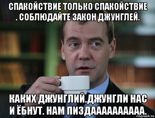 спакойствие только спакойствие . соблюдайте закон джунглей. каких джунглий.джунгли нас и ёбнут. нам пиздаааааааааа., Мем Медведев спок бро