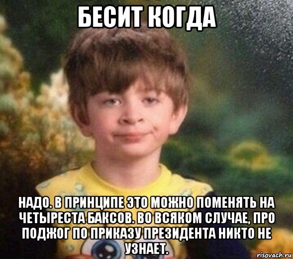 бесит когда надо. в принципе это можно поменять на четыреста баксов. во всяком случае, про поджог по приказу президента никто не узнает., Мем Недовольный пацан