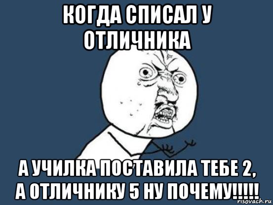 когда списал у отличника а училка поставила тебе 2, а отличнику 5 ну почему!!!!!, Мем Ну почему