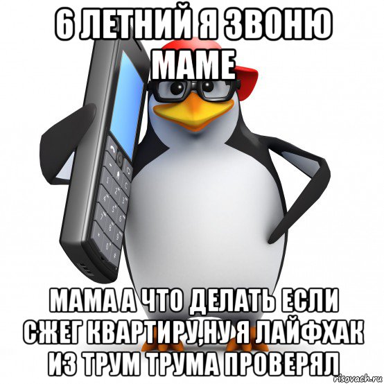 6 летний я звоню маме мама а что делать если сжег квартиру,ну я лайфхак из трум трума проверял, Мем   Пингвин звонит