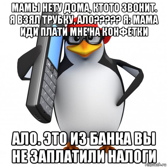 мамы нету дома, ктото звонит. я взял трубку, ало????? я: мама иди плати мне на конфетки ало. это из банка вы не заплатили налоги, Мем   Пингвин звонит