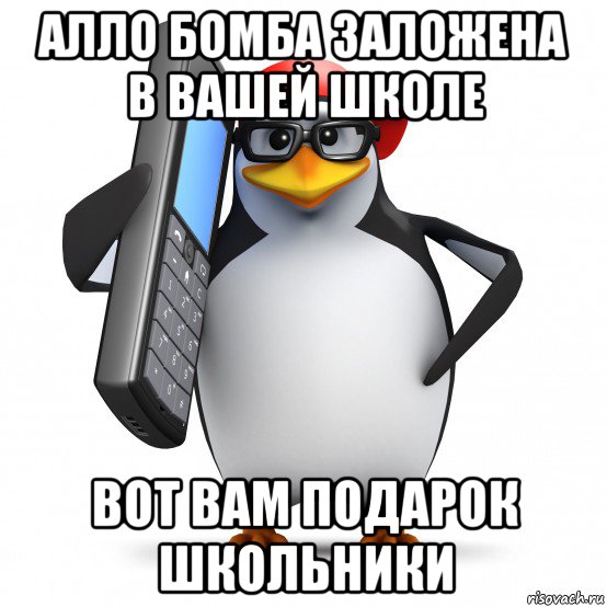 алло бомба заложена в вашей школе вот вам подарок школьники, Мем   Пингвин звонит