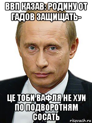 ввп казав: родину от гадов защищать- це тоби вафля не хуи по подворотням сосать, Мем Путин