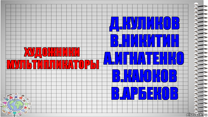 художники мультипликаторы Д.КУЛИКОВ
В.НИКИТИН
А.ИГНАТЕНКО
В.КАЮКОВ
В.АРБЕКОВ