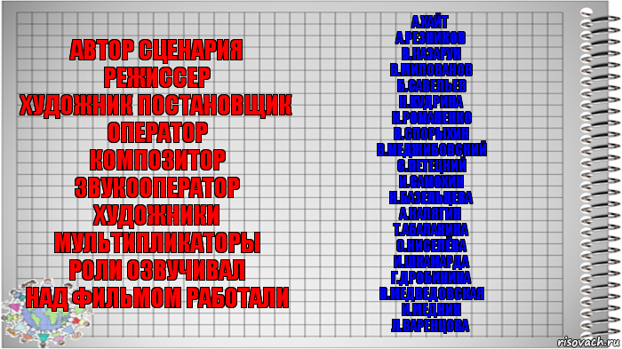 автор сценария
режиссер
художник постановщик
оператор
композитор
звукооператор
художники мультипликаторы
роли озвучивал
над фильмом работали а.Хайт
а.резников
в.назарук
в.милованов
б.савельев
н.кудрина
к.романенко
в.спорыхин
в.меджибовский
с.петецкий
и.самохин
н.базельцева
а.калягин
т.абалакина
о.киселёва
и.шкамарда
г.дробинина
в.медведовская
и.медник
л.варенцова