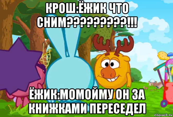 крош:ёжик что сним?????????!!! ёжик:момойму он за книжками переседел, Мем Смешарики