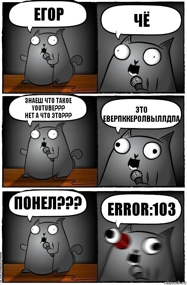 егор чё знаеш что такое YouTube???
нет а что это??? это еверпккеролвыллдпа понел??? ERROR:103, Комикс  Стендап-кот