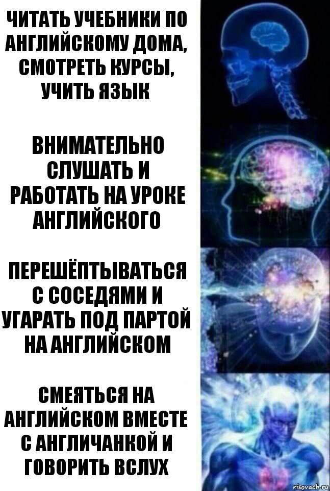 Читать учебники по английскому дома, смотреть курсы, учить язык Внимательно слушать и работать на уроке английского Перешёптываться с соседями и угарать под партой на английском Смеяться на английском вместе с англичанкой и говорить вслух, Комикс  Сверхразум