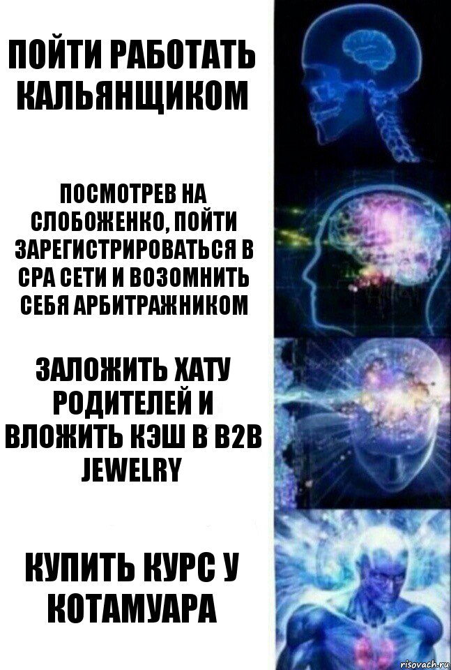 Пойти работать кальянщиком Посмотрев на Слобоженко, пойти зарегистрироваться в CPA сети и возомнить себя арбитражником Заложить хату родителей и вложить кэш в b2b Jewelry Купить курс у КотаМуара, Комикс  Сверхразум