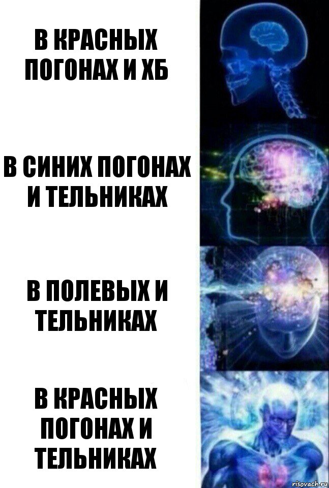 В красных погонах и хб В синих погонах и тельниках В полевых и тельниках В красных погонах и тельниках