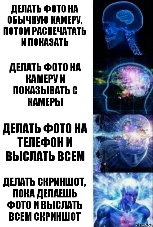 Делать фото на обычную камеру, потом распечатать и показать Делать фото на камеру и показывать с камеры Делать фото на телефон и выслать всем Делать скриншот, пока делаешь фото и выслать всем скриншот, Комикс  Сверхразум