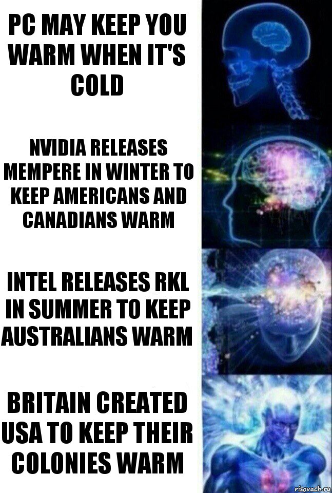 PC may keep you warm when it's cold Nvidia releases Mempere in winter to keep Americans and canadians warm Intel releases RKL in summer to keep australians warm Britain created USA to keep their colonies warm, Комикс  Сверхразум