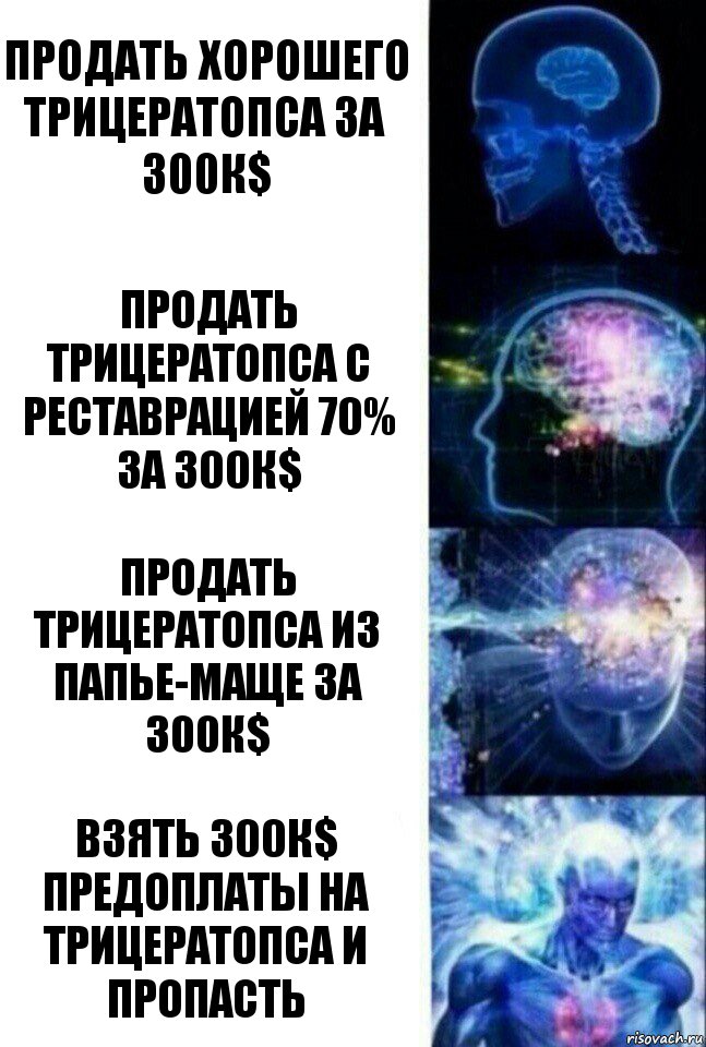 продать хорошего трицератопса за 300к$ Продать трицератопса с реставрацией 70% за 300к$ Продать трицератопса из папье-маще за 300к$ Взять 300к$ предоплаты на трицератопса и пропасть, Комикс  Сверхразум